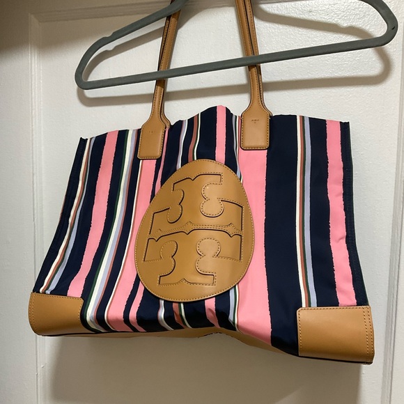 AUTH TORY BURCH ELLA Striped Logo Large Nylon Tote Shopper Bag - Picture 2 of 8